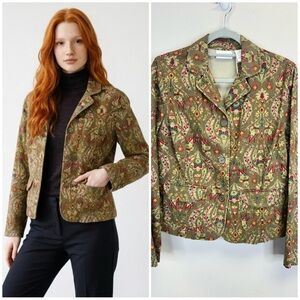 Liz Claiborne Womens L Floral Blazer Jacket Olive Green Cotton Boho Whimsical